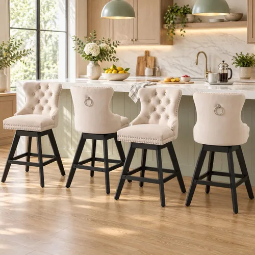 Vista 20 de Juego de 2 taburetes de bar giratorios modernos, taburetes de bar de 26.6 pulgadas de altura de mostrador beige con respaldo para isla de cocina