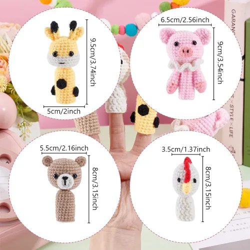 Vista 3 de ORIGACH Juego de 8 marionetas de dedo de animales para adultos principiantes, lindo kit de ganchillo de cerdo oso alce con tutorial de video paso a