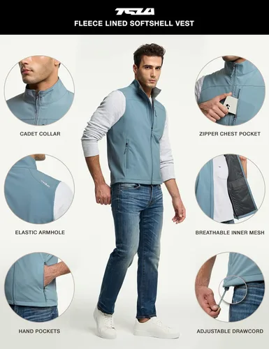 Vista 3 de TSLA - Chaleco Softshell sin mangas para hombre, chaleco cortavientos con cremallera completa, chaleco de senderismo, golf, viajes al aire libre.