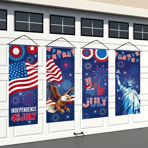 Vista 15 de Panelee 4 pancartas decorativas para el 250 aniversario de la bandera patriótica de Estados Unidos, para porche, telón de fondo colgante para el Día