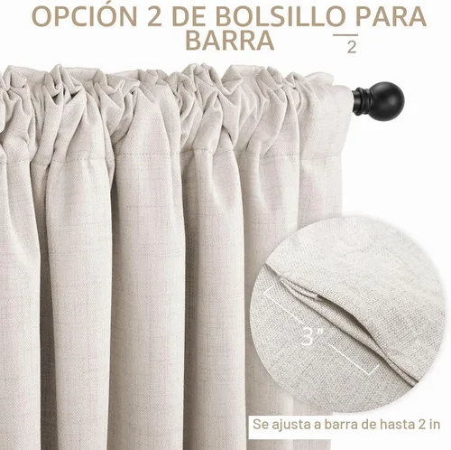 Vista 4 de 100% Blackout Shield Cortinas opacas de lino para dormitorio de 54 pulgadas de largo, con pestaña trasera, bolsillo para barra, cortinas para sala