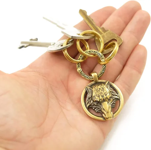 Vista 6 de Wolf keychain Fenrir, Handmade Fenrir keychain, Solid brass Scandinavian old norse mythology wolf keychain for men and women