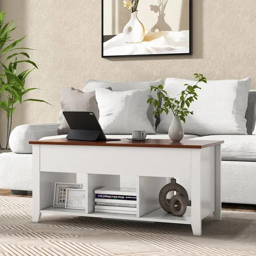 Vista 5 de Tangkula Mesa de centro de madera con tapa elevable, almacenamiento de té moderno con compartimento oculto y estante de almacenamiento abierto