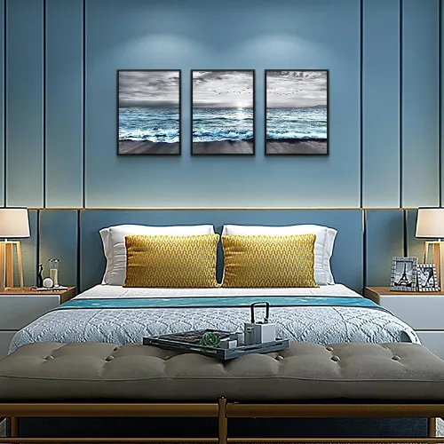 Vista 5 de Arte en lienzo enmarcado en negro para decoración de sala de estar y dormitorio - Pintura de pared de playa en blanco y negro - Imágenes de olas