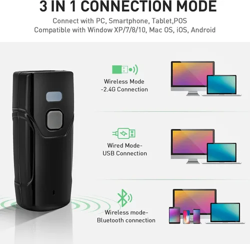 Vista 2 de Escáner de código de barras inalámbrico, escáneres de código de barras Bluetooth 1D 2D con cable USB y Bluetooth 4.2 y 2.4G inalámbrico 3 en 1
