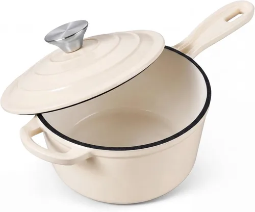 Vista 33 de Onader Sartén de hierro fundido esmaltado, cacerola pequeña de 1 cuarto de galón con tapa, olla de hierro fundido, horno holandés esmaltado, Blanco
