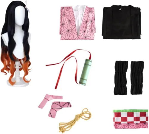Vista 6 de Nezuko - Disfraz de cosplay de anime japonés de Nezuko, disfraz de Nezuko, bata para niños, kimono de Halloween con accesorios de bambú