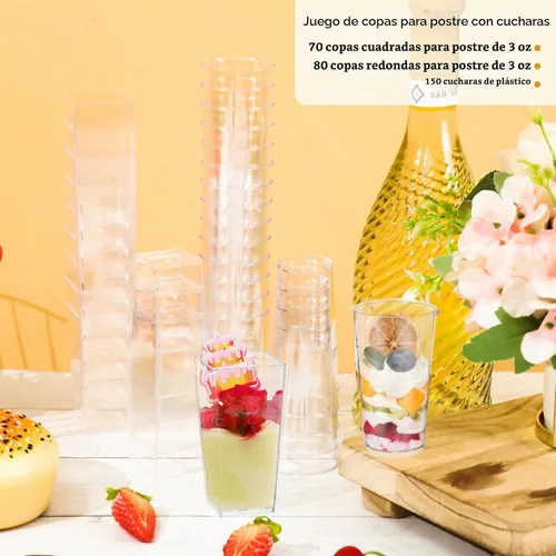 Vista 5 de mwellewm 150 paquetes de mini tazas de postre con cucharas, tazas de postre de plástico transparente de 3oz para postres tipo parfait para fiestas