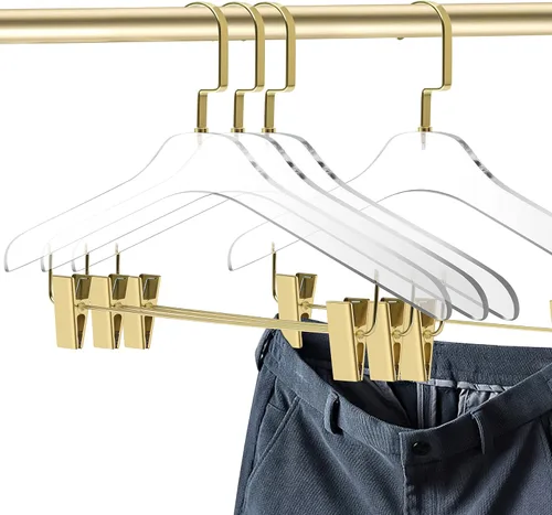 Vista 3 de Perchas acrílicas transparentes de calidad 40 para faldas y pantalones, elegante colgador con ganchos dorados, organizador de armario para adultos