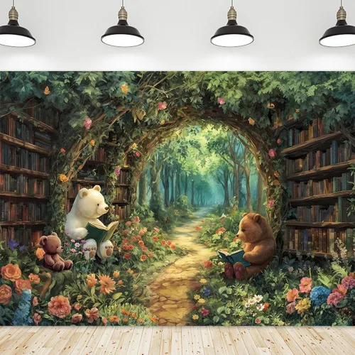 Vista 7 de Riyidecor Fondo de Biblioteca de Hadas Tela de Poliéster Estantería Árbol Encantado Bosque 5 Pies de Ancho x 3 de Alto Verde Jardín Libro Planta