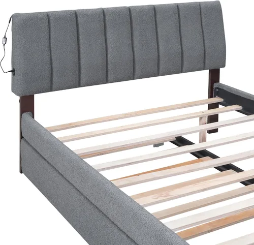 Vista 4 de P PURLOVE Cama de plataforma tapizada de tamaño matrimonial con nido, marco de cama tapizado con luces LED, cama de plataforma de vellón de peluche