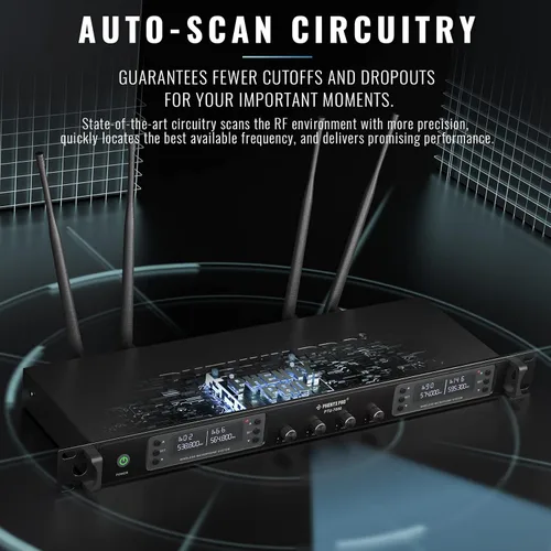 Vista 5 de Sistema de micrófono inalámbrico Phenyx Pro, micrófono inalámbrico de cuatro canales, con 4 x 40 frecuencias UHF, escaneo automático, rango largo