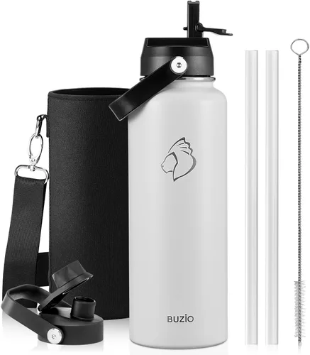 Vista 53 de BUZIO Botella de agua aislada de 24 oz, frasco de agua de boca ancha de acero inoxidable con tapa de pajita, frío durante 48 horas a prueba de Negro