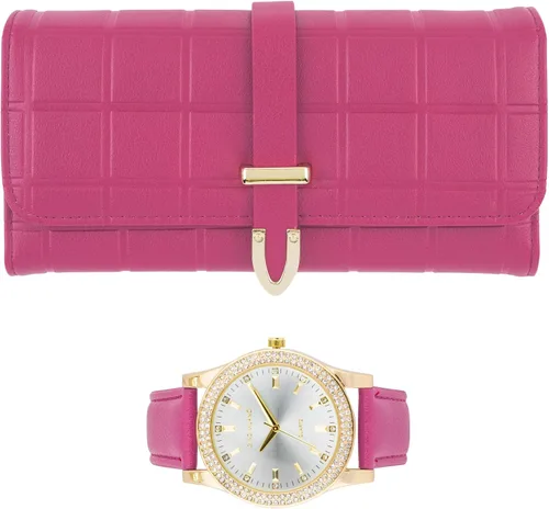 Vista 11 de Reloj de pulsera de cuero dorado para mujer y cartera de tres pliegues a juego