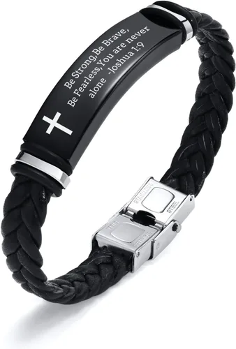 Vista 13 de Pulsera de cuero para hombre, regalo de sobriedad para hombre: cita inspiradora/versículo bíblico grabado, pulsera trenzada negra para hombre