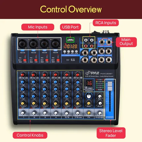 Vista 6 de Pyle - Mezclador de audio profesional, tablero de sonido, consola de mesa, sistema de interfaz de 8 canales, USB digital, Bluetooth, MP3, entrada