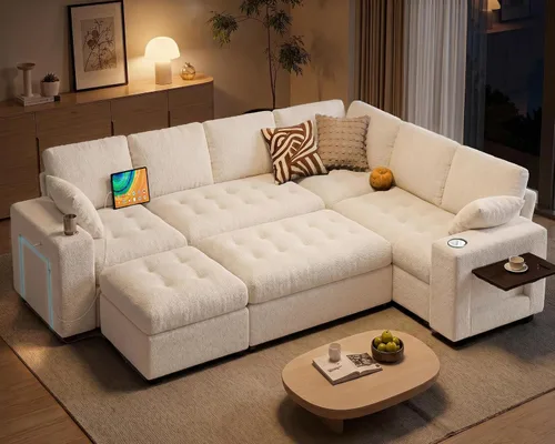 Vista 9 de Vipbear Sofá cama modular de 111 pulgadas, sofá cama modular de 7 asientos con cama extraíble, sofá en forma de L de felpilla con otomana de Beige