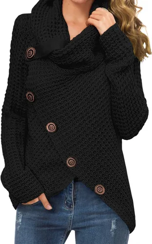 Vista 10 de GRECERELLE - Suéteres de cuello alto con cuello grueso, manga larga, dobladillo asimétrico, sueltos, de punto, para mujer, de otoño, S-2XL 02 negro