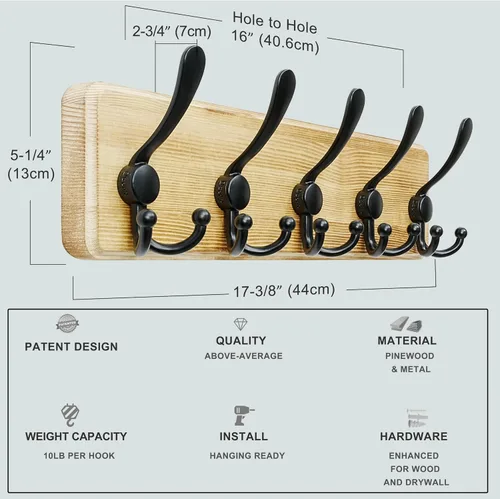 Vista 6 de Dseap Perchero de Pared Montado - 5 Ganchos Triangulares, Resistente, Perchero de Pared de Madera para Abriggos, Sombreros, Chaquetas, Ropa, Negro