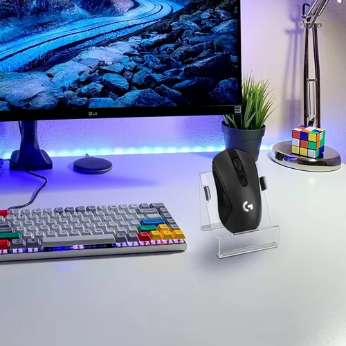 Vista 6 de Soporte de acrílico para ratón, base de soporte vertical de escritorio para mouse con cable e inalámbrico, soporte universal para mouse
