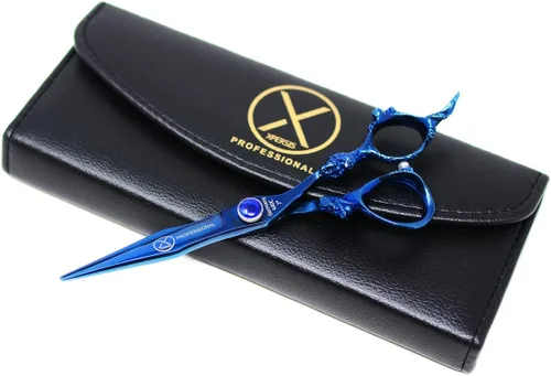 Vista 2 de PRO - Tijeras de peluquero afiladas con mango de dragón azul y tijeras de adelgazamiento, peso ligero, fabricado en Alemania, acero premium