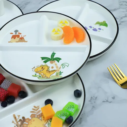 Vista 4 de 1 PIEZA Plato de Cerámica con Dinosaurio para Control de Porciones, Plato Dividido para Alimentación Racional, Plato Dividido para Postre, Plato
