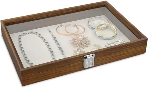 Vista 11 de MOOCA Estuche de exhibición de joyería de madera con tapa de vidrio templado y almohadilla de exhibición de joyería de terciopelo MDF lujoso negro