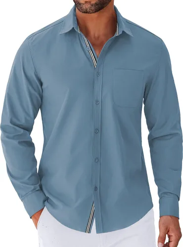 Vista 17 de COOFANDY Camisa para hombre de manga larga casual con botones, camisas sin doblar para hombre de ajuste regular