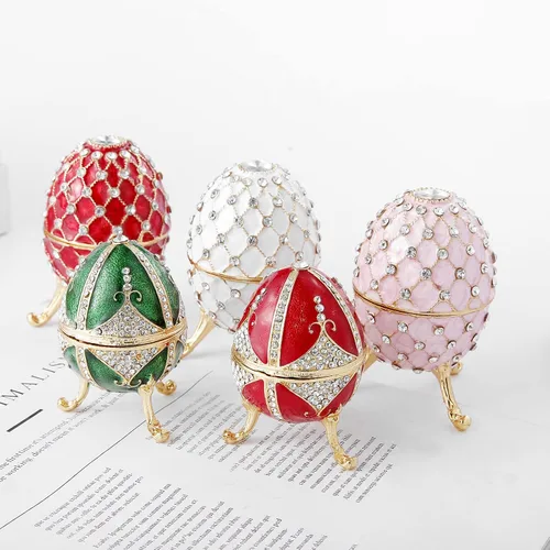 Vista 6 de Ingbear Estatuilla de huevo rosa Faberge con bisagras, regalo único para el día de la madre, joyero esmaltado chapado a mano, adornos