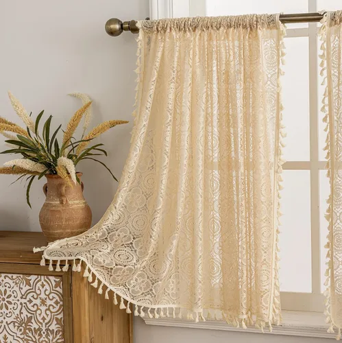 Vista 31 de YJ YANJUN - Cortinas de café boho, 24 pulgadas de largo, 2 paneles, cada una de 59" de ancho x 24" de largo, beige, con crochet, cortinas de cocina