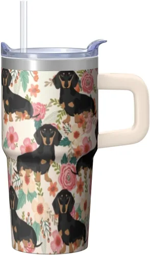 Vista 40 de Dachshund - Vaso de viaje aislado de acero inoxidable de 20 onzas con asa y pajilla, regalo para mujer, para el Día de la Madre, a prueba de fugas