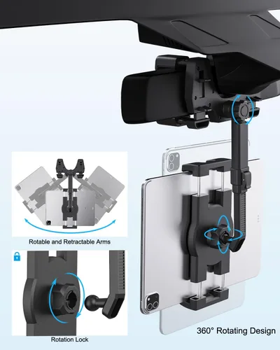 Vista 4 de Soporte para tablet para espejo retrovisor de automóvil, compatible con espejos grandes, soporte para tableta de espejo retrovisor para automóvil