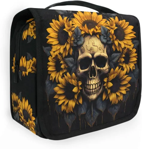 Vista 9 de MNSRUU Neceser colgante con diseño de calavera y girasol, bolsa de maquillaje de viaje para artículos de tocador, organizador de artículos