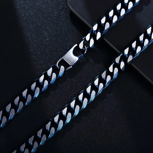 Vista 51 de YAMI Cadena de eslabones cubanos para hombre, azul/negro/oro de 14 quilates, acero inoxidable de 0.394-0.472 in de grosor, collar de cadena