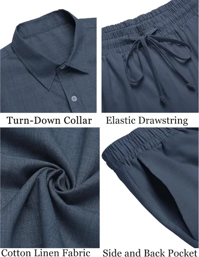 Vista 27 de COOFANDY Conjunto de 2 piezas de algodón y lino para hombre, camisas de manga corta con botones, pantalones cortos de playa de verano, trajes