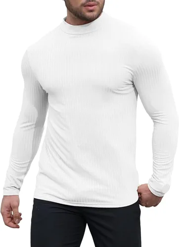 Vista 2 de Uni Clau Camisas de manga larga con cuello alto falso para hombre, camiseta térmica de punto acanalado casual