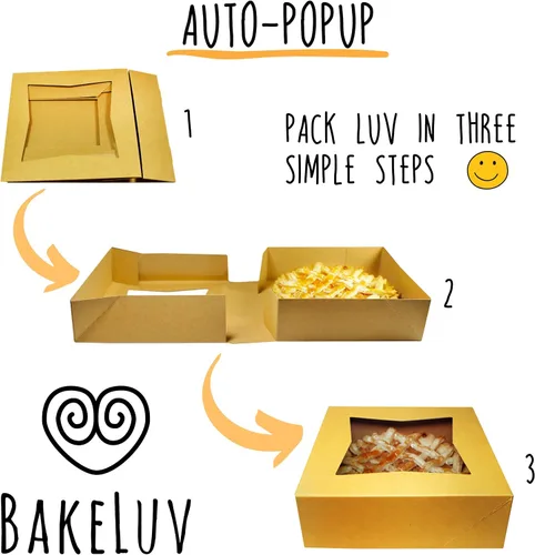 Vista 4 de BAKELUV Paquete de 100 cajas de panadería marrones de 8 x 8 x 2.5 pulgadas con ventana, cajas de galletas, pasteles, postres, golosinas, alimentos