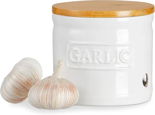 Vista 13 de ONEMORE Soporte de ajo con tapa, recipiente de ajo de cerámica de 4 pulgadas, azul claro