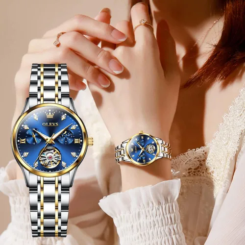 Vista 8 de OLEVS Reloj automático para mujer, de lujo, con cuerda automática, de diamante, de acero inoxidable, de fase lunar, impermeable, esfera azul luminosa