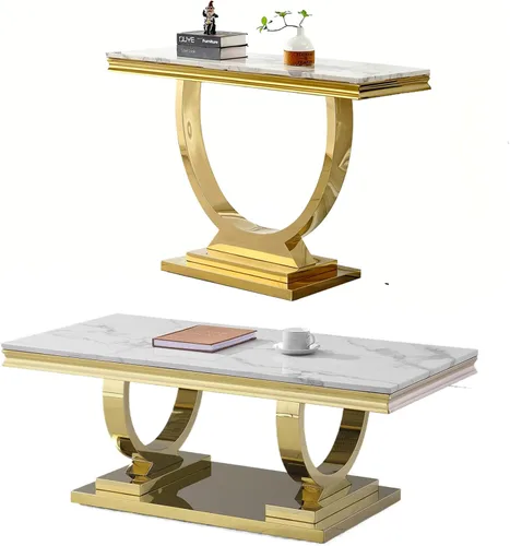 Vista 20 de Juego de 2 mesas de café de mármol, juego de mesa de sala de estar de 2 piezas que incluye 1 mesa auxiliar y 1 mesa auxiliar, moderna mesa de centro