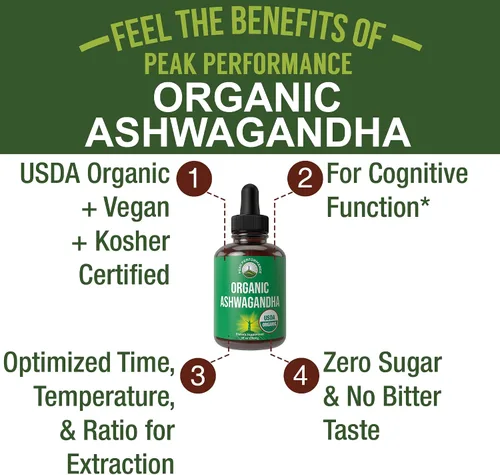 Vista 2 de Gotas líquidas de Ashwagandha. Suplemento vegano orgánico del USDA. Extracto de raíz de ashwagandha extra fuerte para mujeres, hombres y niños.