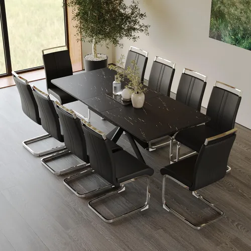 Vista 12 de Mesa de comedor de mármol para 4-8, mesa de comedor extensible de 62.4 a 78.15 pulgadas, mesa de cocina moderna, mesa rectangular que ahorra espacio