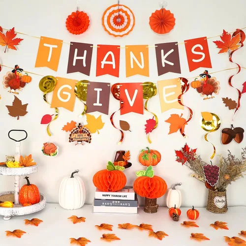 Vista 4 de 24 decoraciones de Acción de Gracias, decoraciones de fiesta de Acción de Gracias, incluye pancarta de dar gracias, guirnalda colgante de otoño