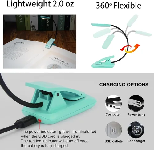 Vista 4 de BIGMONAT Luz recargable de lectura de libros, cuello flexible portátil, brillo ajustable con lectura de cuidado de los ojos, LED cálidos y blancos