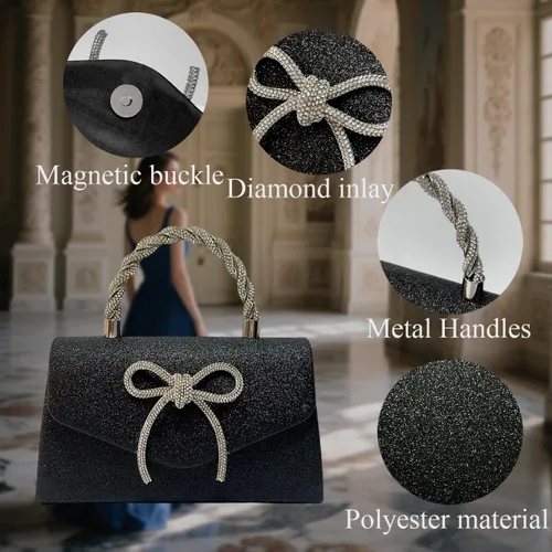 Vista 7 de Bolso de noche para mujer, embrague de lazo brillante, bolso formal de embrague de diamantes de imitación de boda adecuado para fiestas
