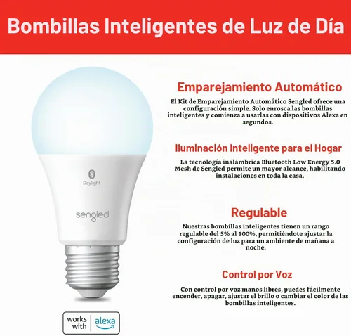 Vista 2 de Sengled Bombilla de luz Alexa, bombillas inteligentes que son compatibles solo con Alexa, malla Bluetooth estándar A19 E26, bombilla LED regulable