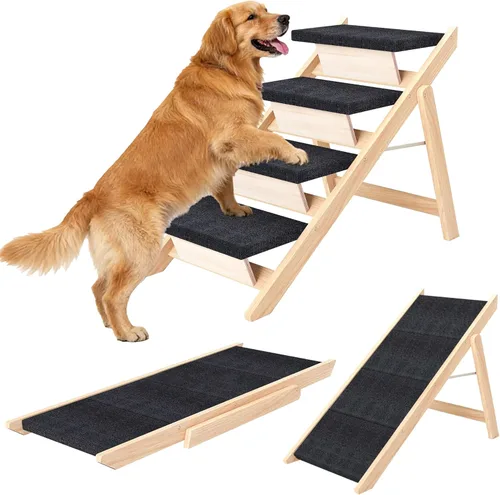 Vista 10 de Escaleras para perros, rampa para cama, escaleras y rampa plegables de madera 2 en 1 para mascotas, escalón portátil para perros de hasta 180 libras
