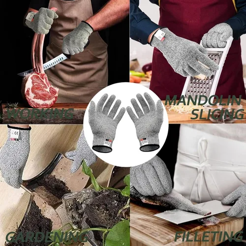 Vista 5 de 2Oyster - Cuchillo de acero inoxidable con mango de madera, con 2 pares de guantes resistentes a cortes de nivel 5, abridor de ostras para cocina