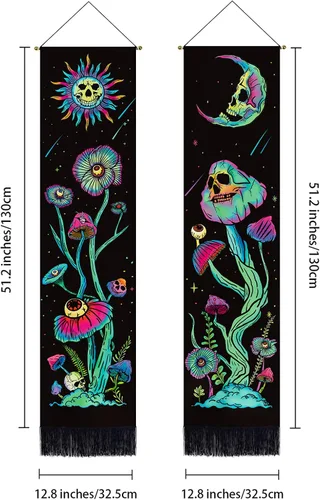 Vista 5 de Paquete de 2 tapices verticales de luz negra, sol y luna, calavera de hongos, fantasía, floral, fondo espacial de galaxia, para colgar en la pared