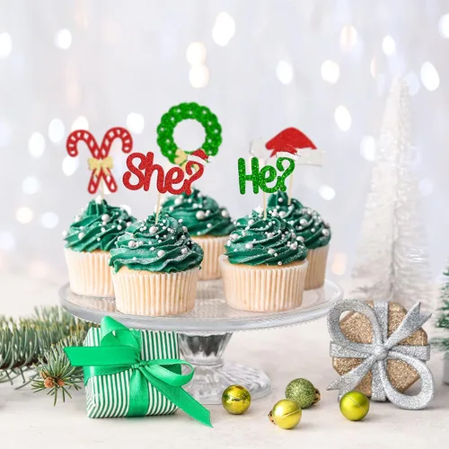 Vista 5 de Gyufise 24 piezas Adornos de pastel para revelación de género de Navidad con purpurina, sombrero navideño de Navidad, adorno de pastel de él o ella